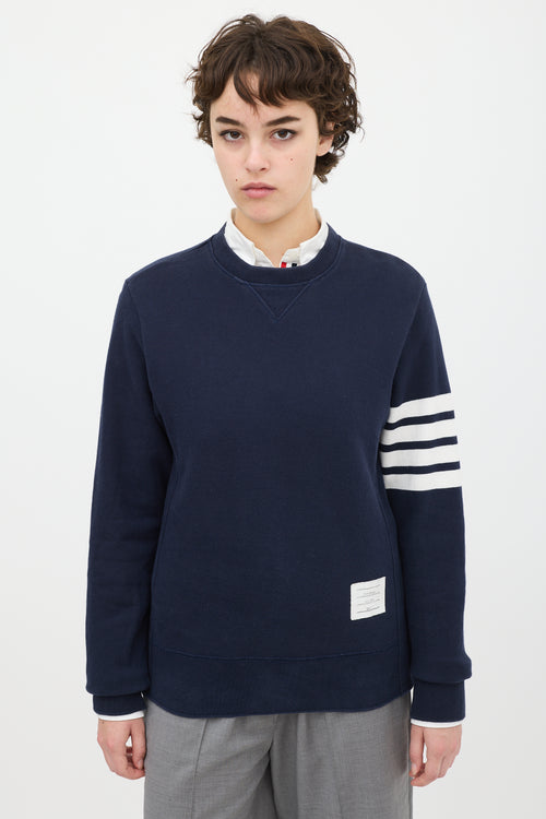 Thom Browne Navy Cotton Buttoned Hem Four Bar Crewneck