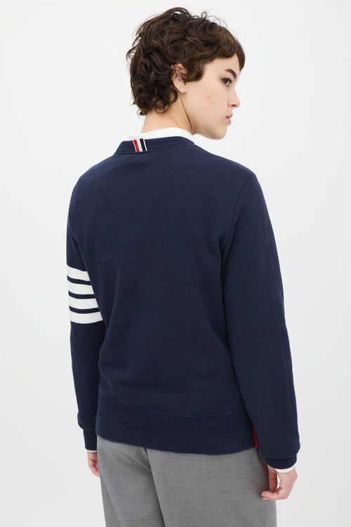 Thom Browne Navy Cotton Buttoned Hem Four Bar Crewneck