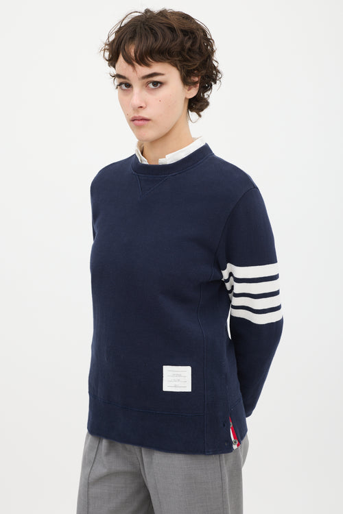 Thom Browne Navy Cotton Buttoned Hem Four Bar Crewneck