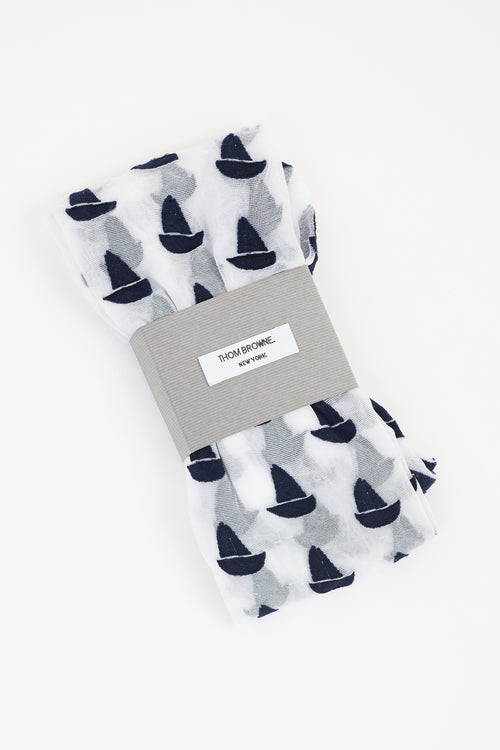 Thom Browne White 
Navy Sailboat Icon Intarsia Tights