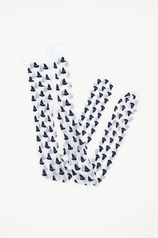 Thom Browne White 
Navy Sailboat Icon Intarsia Tights