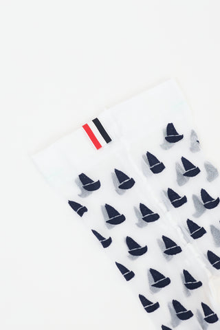 Thom Browne White 
Navy Sailboat Icon Intarsia Tights