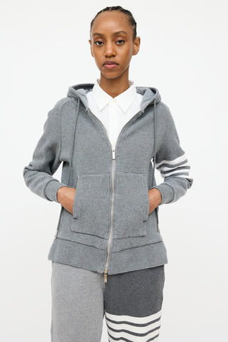 Thom Browne Grey 
White Waffle Knit Four Bar Hoodie