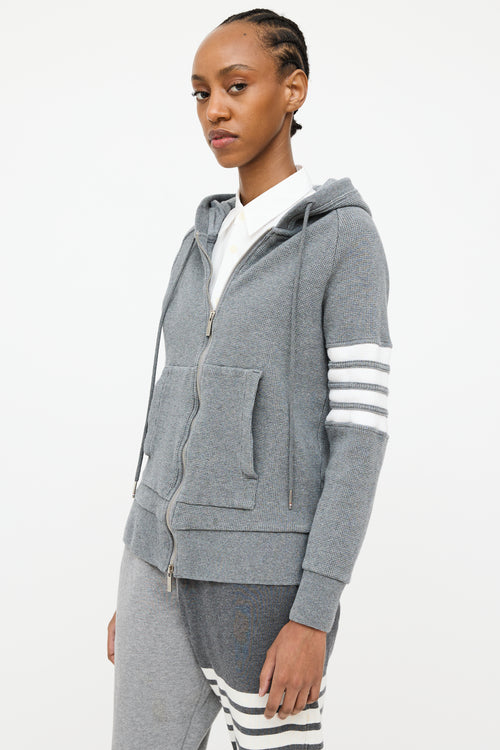 Thom Browne Grey 
White Waffle Knit Four Bar Hoodie