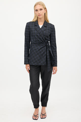 Tibi Black 
Blue Wool Plaid Gathered Blazer