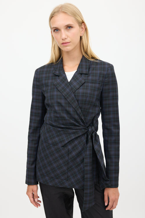 Tibi Black 
Blue Wool Plaid Gathered Blazer