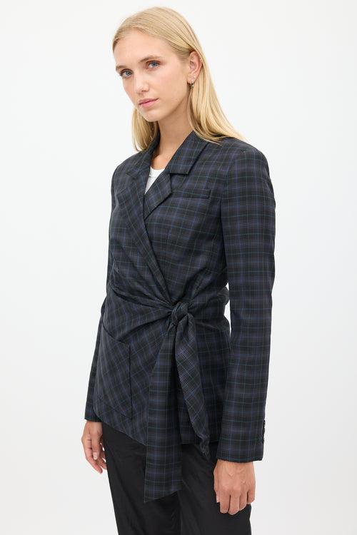 Tibi Black 
Blue Wool Plaid Gathered Blazer