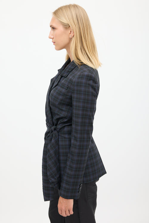 Tibi Black 
Blue Wool Plaid Gathered Blazer