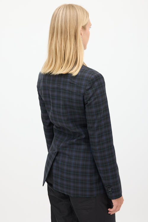 Tibi Black 
Blue Wool Plaid Gathered Blazer