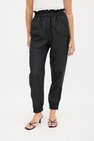 Tibi Black Nylon Ruffled Tapered Jogger