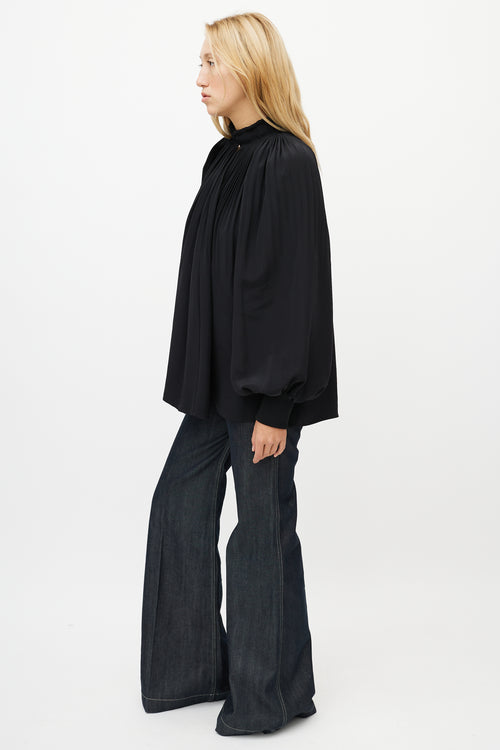 Tibi Black Pleated Silk Top