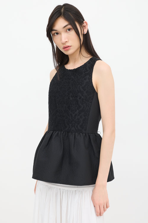 Tibi Black Wool Jacquard Peplum Top