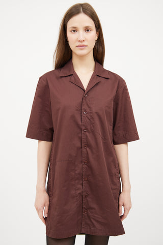 Brown Button Short Sleeve Shirt Dress