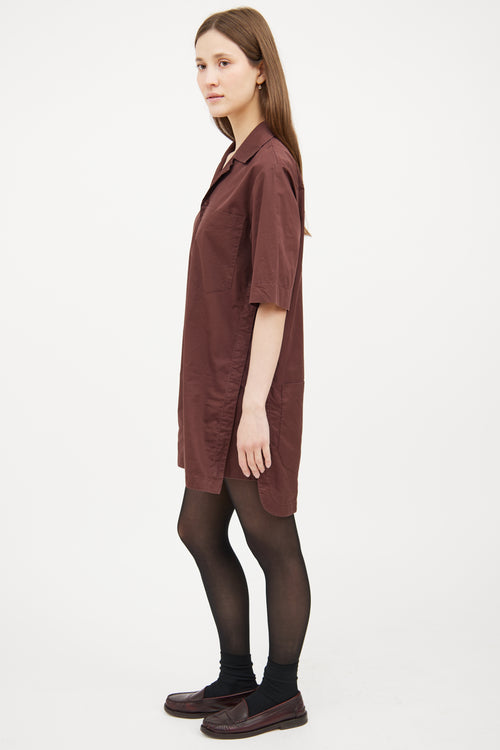 Brown Button Short Sleeve Shirt Dress