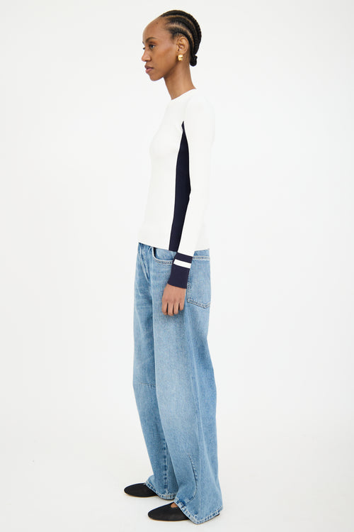 Tibi White 
Navy Ribbed Longsleeve Top