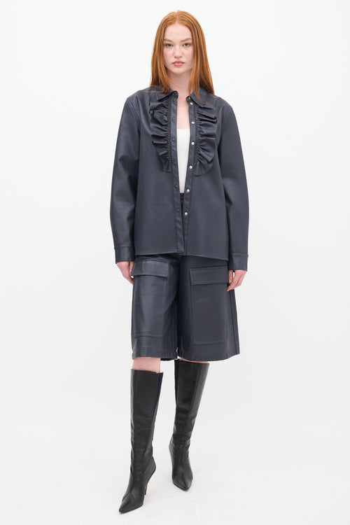 Tibi Navy Faux Leather Ruffle Shirt 
Shorts Set