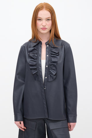 Tibi Navy Faux Leather Ruffle Shirt 
Shorts Set