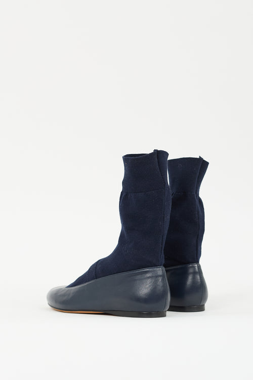 Tibi Navy Leather Borg Sock Flat