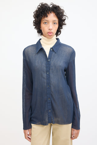 Tibi Navy Plissé Button Up Shirt