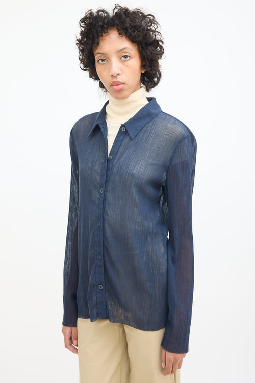 Tibi Navy Plissé Button Up Shirt