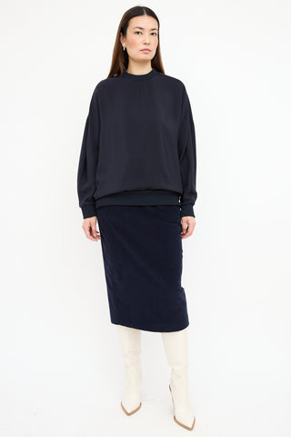 Tibi Navy Silk Crewneck Top