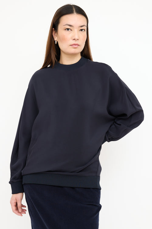 Tibi Navy Silk Crewneck Top