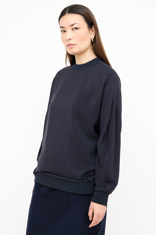 Tibi Navy Silk Crewneck Top