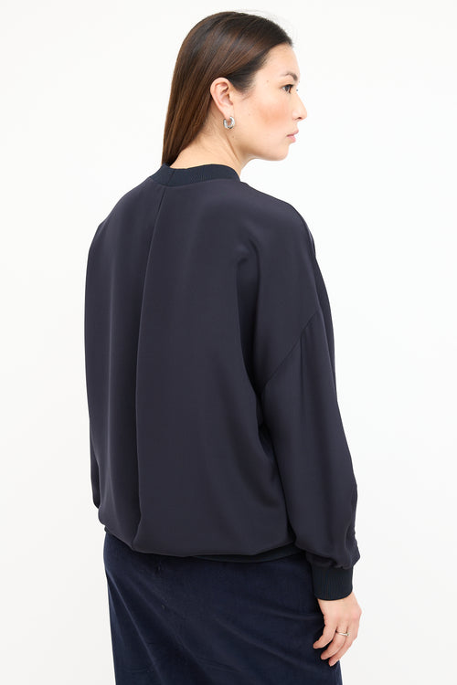 Tibi Navy Silk Crewneck Top