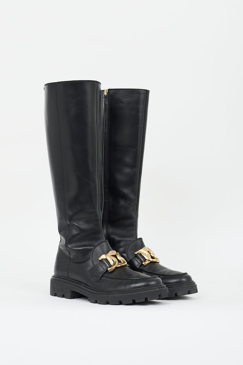 Tod
s Black Leather Catena Chain Boot