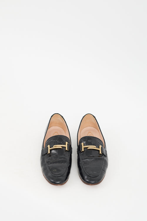 Tod
s Black Leather Embossed Double T Loafer