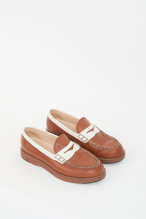 Tod
s Brown 
White Leather Gomma Penny Loafer