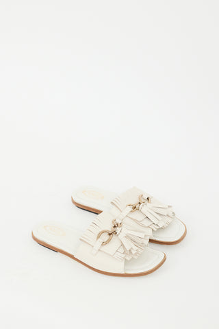 Tod
s Cream Leather Kiltie Fringe Slide