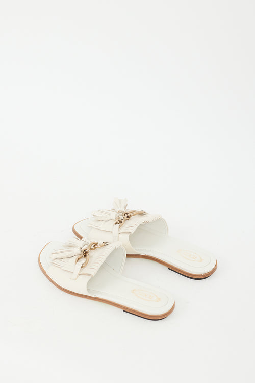 Tod
s Cream Leather Kiltie Fringe Slide