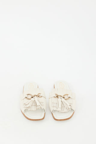 Tod
s Cream Leather Kiltie Fringe Slide