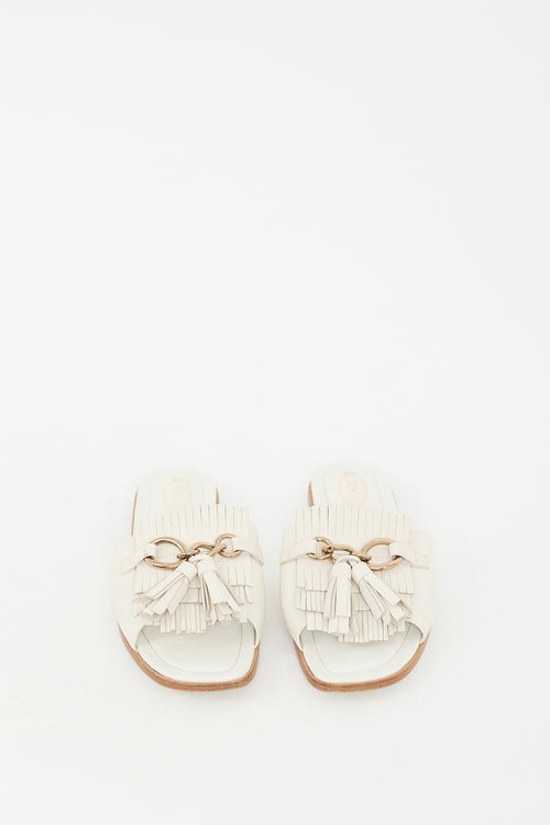 Tod
s Cream Leather Kiltie Fringe Slide