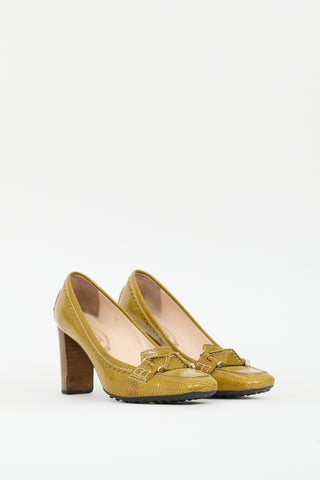 Tod
s Green Pebbled Leather Heeled Loafer