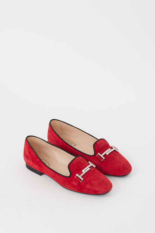 Tod
s Red 
Silver Suede Double T Loafer