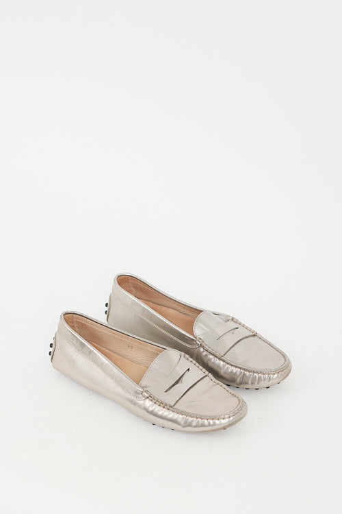 Tod
s Silver Textured Metallic Leather Penny Loafer