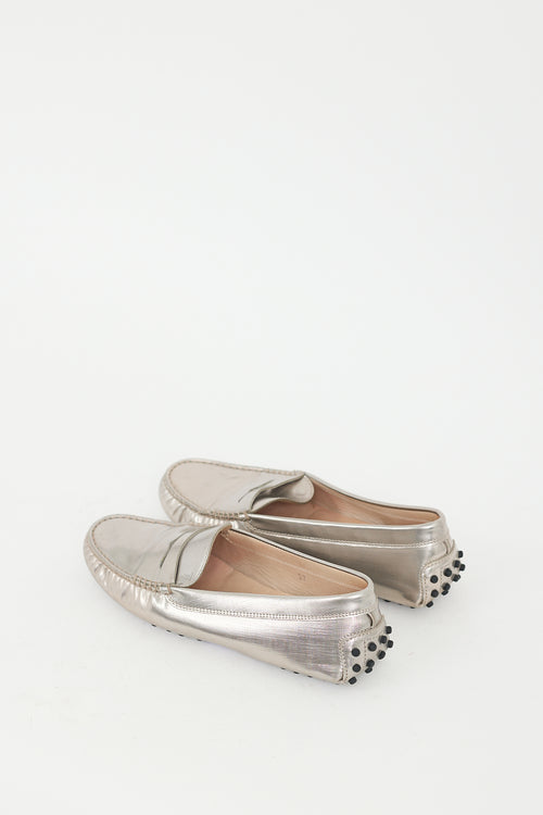 Tod
s Silver Textured Metallic Leather Penny Loafer