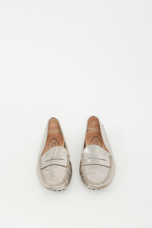 Tod
s Silver Textured Metallic Leather Penny Loafer