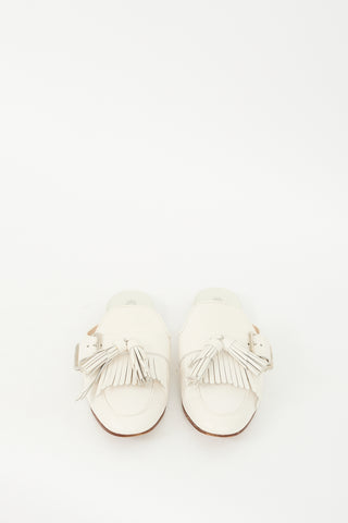 Tod
s White Leather Buckled Kiltie Fringe Mule