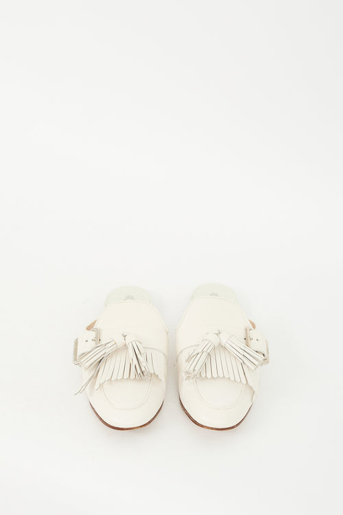 Tod
s White Leather Buckled Kiltie Fringe Mule