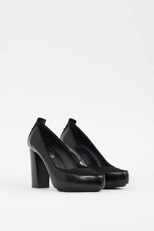 Tod
s Black Suede 
Leather Platform Pump