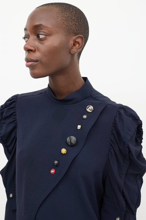 Toga Pulla Navy Twill Asymmetrical Buttoned Blouse