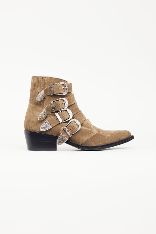 Toga Pulla Beige Suede 
Silver Buckle Ankle Boot