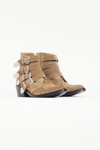 Toga Pulla Beige Suede 
Silver Buckle Ankle Boot