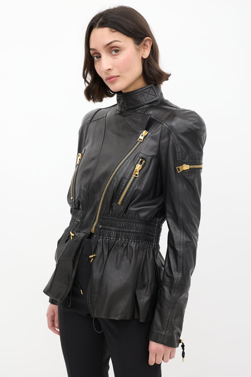 Tom Ford Black Leather Asymmetrical Cinched Jacket