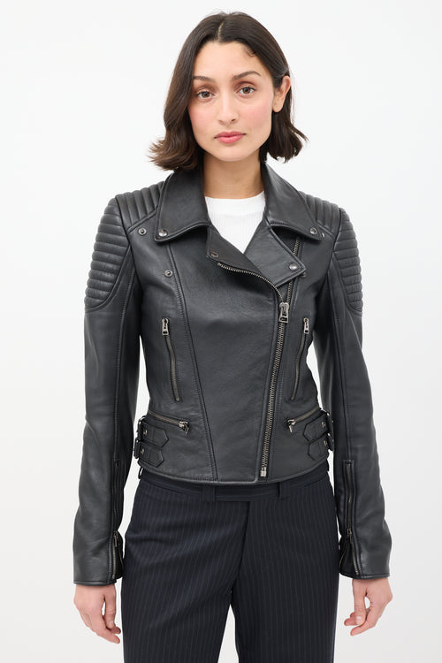 Tom Ford Black Leather Quilted Shoulder Moto Jacket