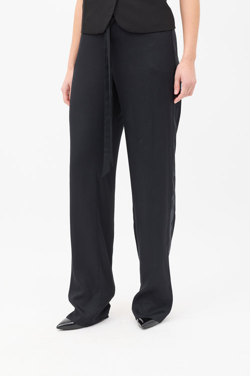 Tom Ford Black Satin Tuxedo Stripe Logo Waist Trouser