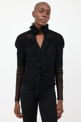 Tom Ford Black Silk Ruched 
Ruffle Shirt